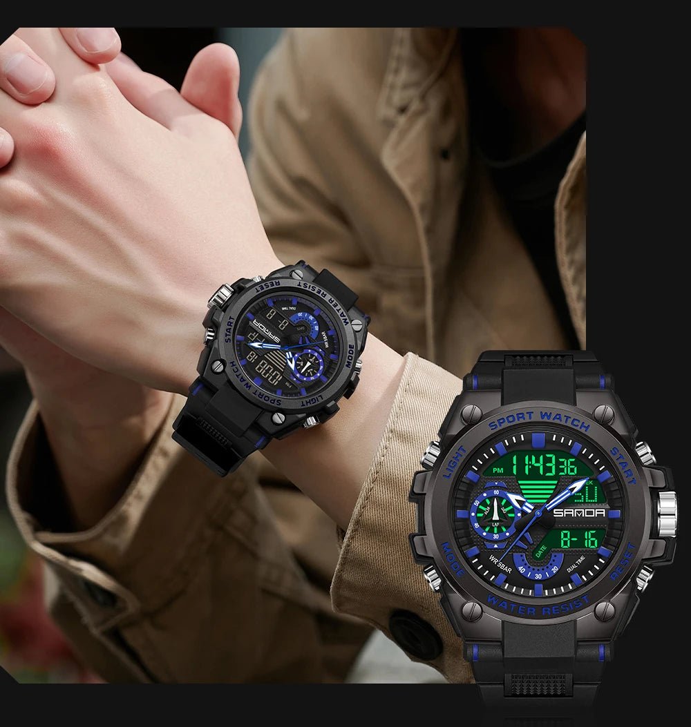 Fashion Dual Display Men's Electronic Watch Military Outdoor Sports Stopwatch Alarm Clock LED Analog Digital Men Watch - Checkouts USA
