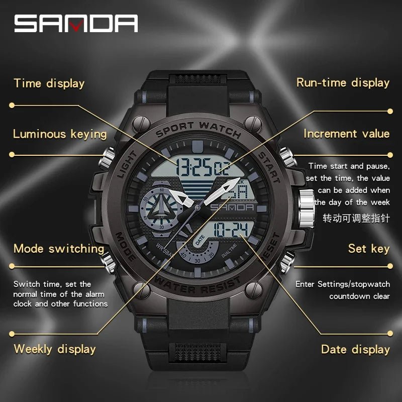 Fashion Dual Display Men's Electronic Watch Military Outdoor Sports Stopwatch Alarm Clock LED Analog Digital Men Watch - Checkouts USA