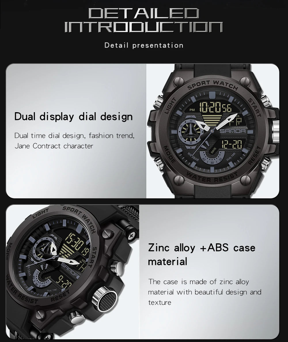 Fashion Dual Display Men's Electronic Watch Military Outdoor Sports Stopwatch Alarm Clock LED Analog Digital Men Watch - Checkouts USA