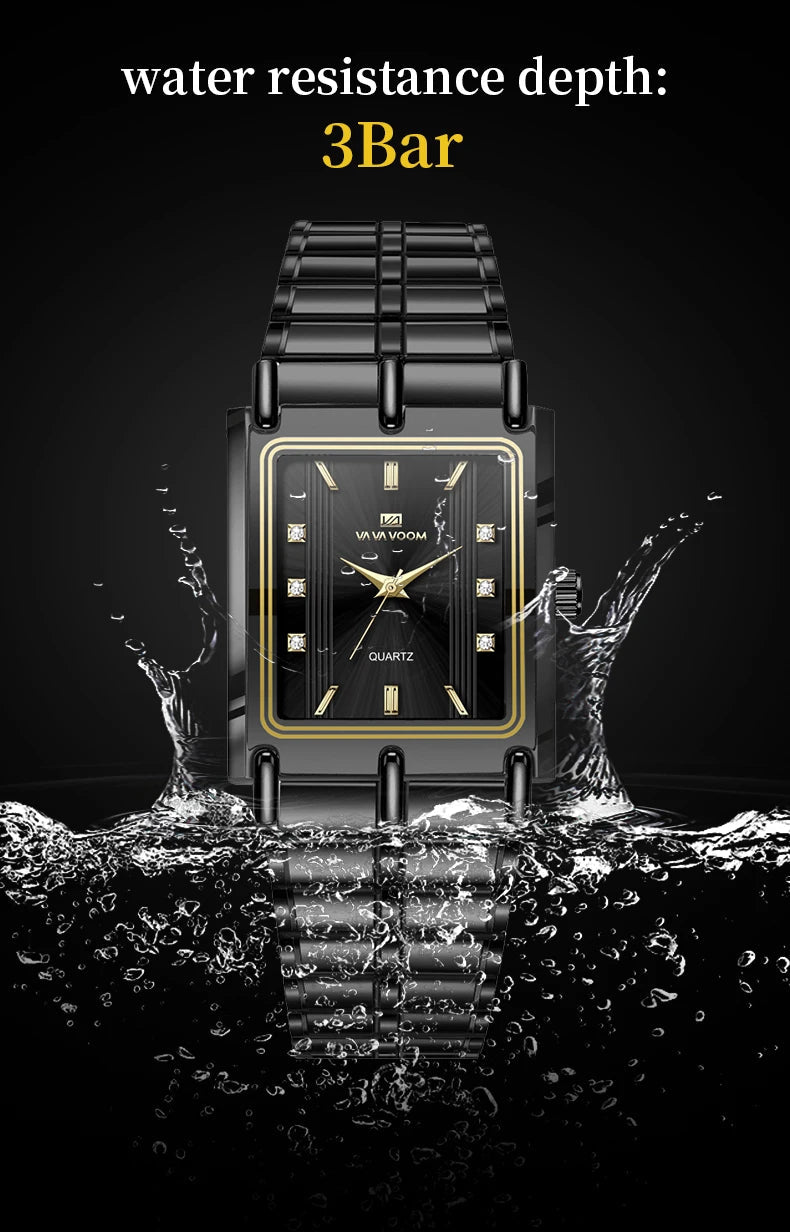 Luxury Diamond Business Mens Watch 30mm Gold Black Rectangular Stainless Steel Waterproof Quartz Movement Men Watches - Checkouts USA