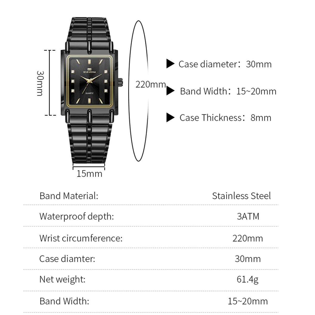 Luxury Diamond Business Mens Watch 30mm Gold Black Rectangular Stainless Steel Waterproof Quartz Movement Men Watches - Checkouts USA