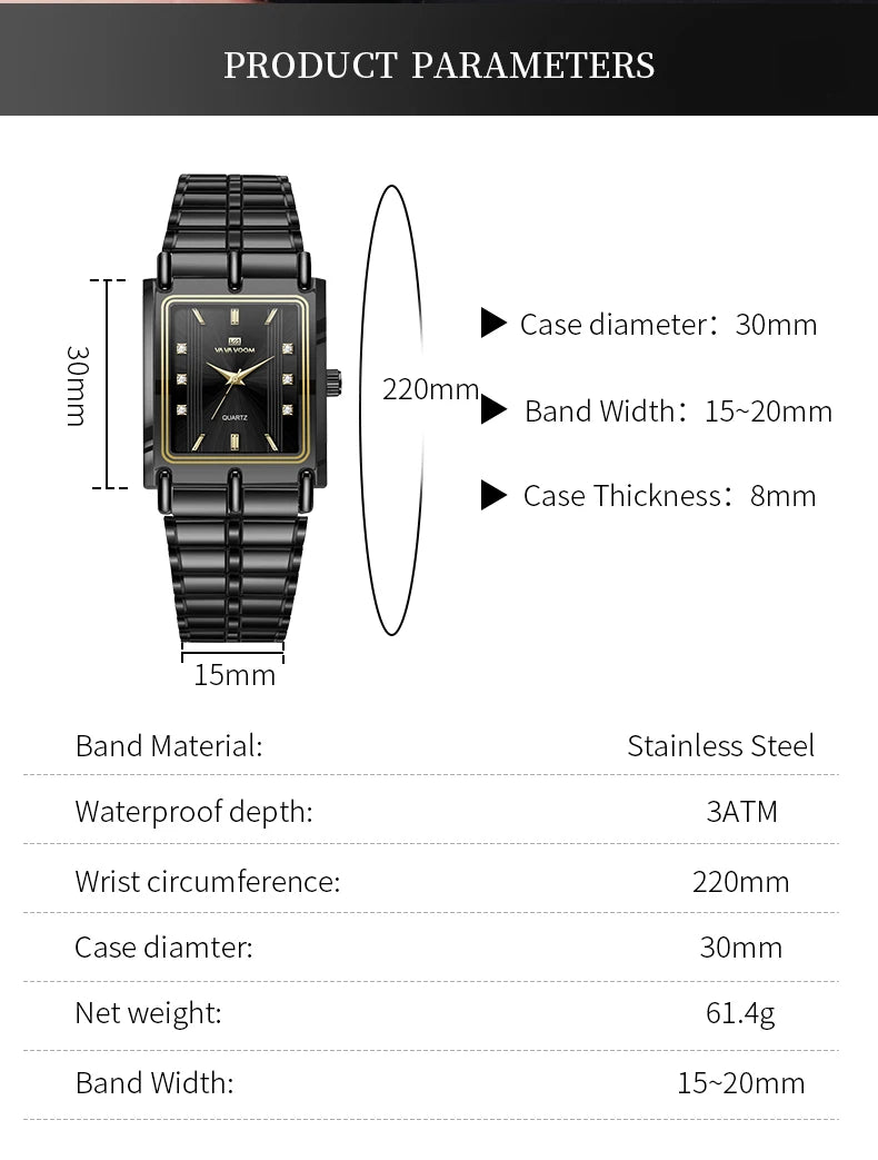 Luxury Diamond Business Mens Watch 30mm Gold Black Rectangular Stainless Steel Waterproof Quartz Movement Men Watches - Checkouts USA