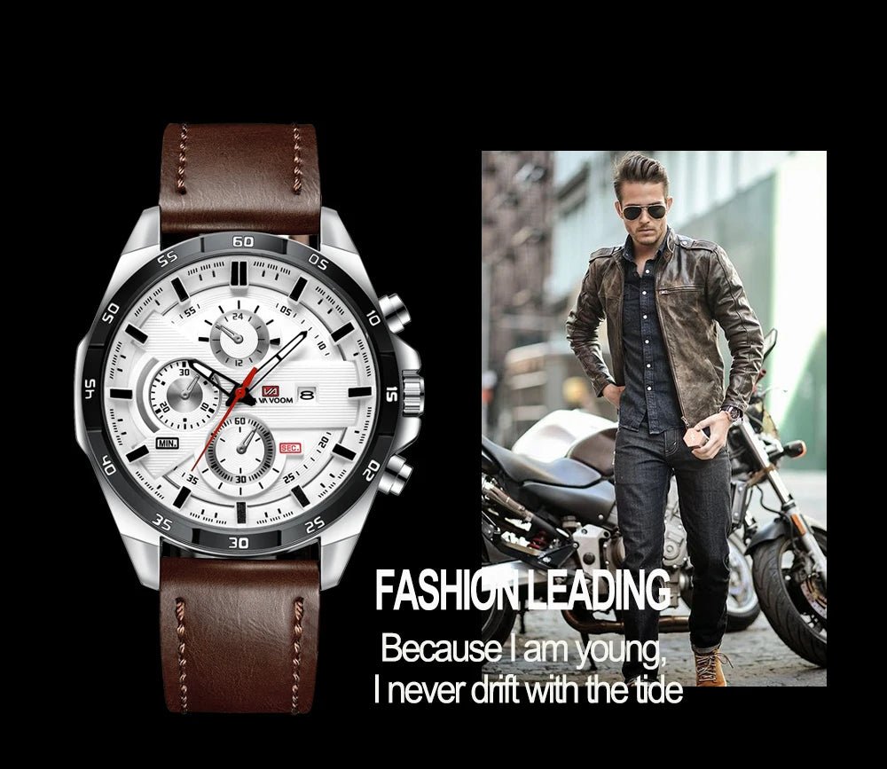 Man Sports Watches Fashion Racing Series 46mm Black Leather Clock Quartz Movement 3Bar Waterproof Wrist Watch for Men - Checkouts USA