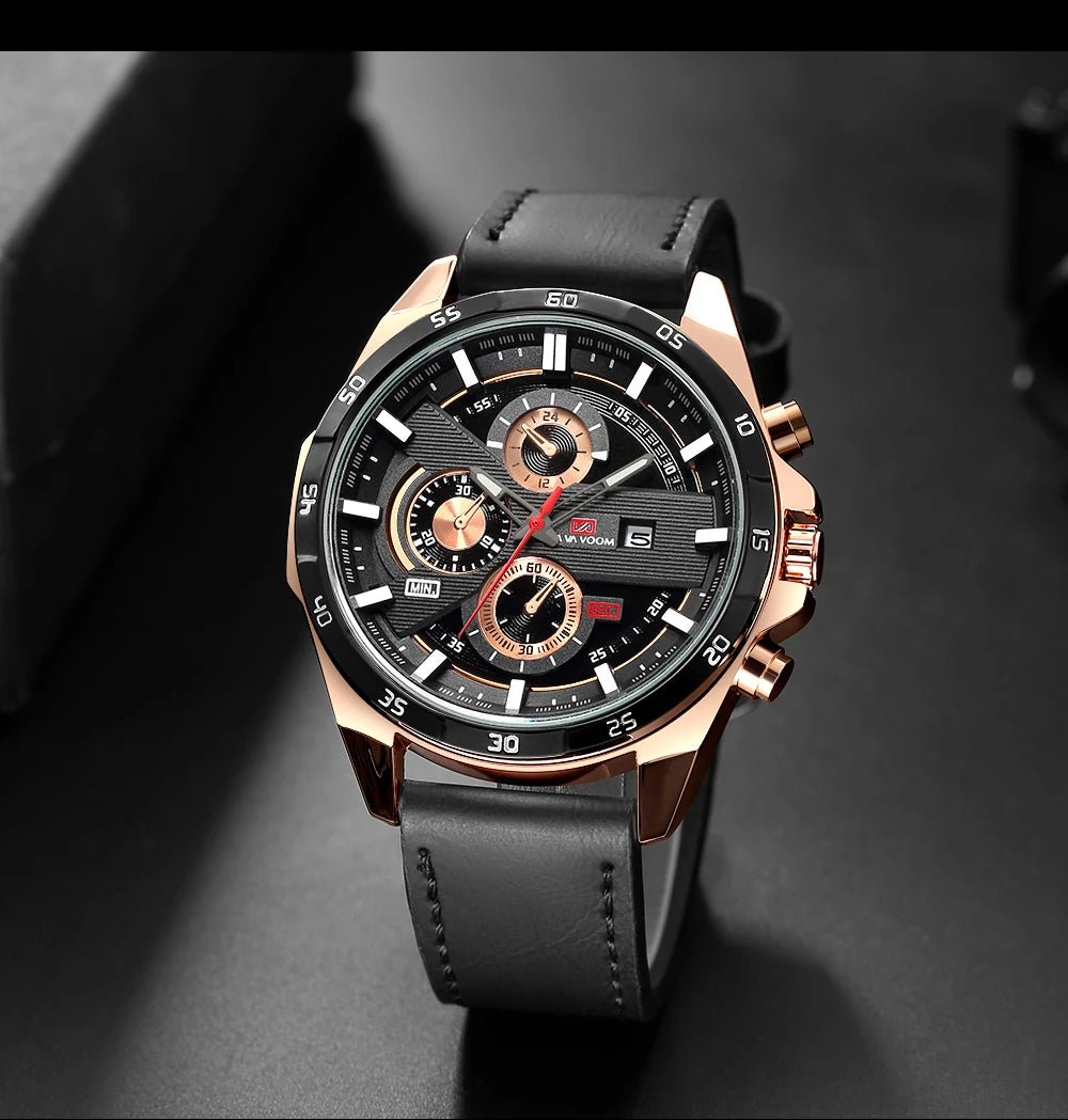 Man Sports Watches Fashion Racing Series 46mm Black Leather Clock Quartz Movement 3Bar Waterproof Wrist Watch for Men - Checkouts USA