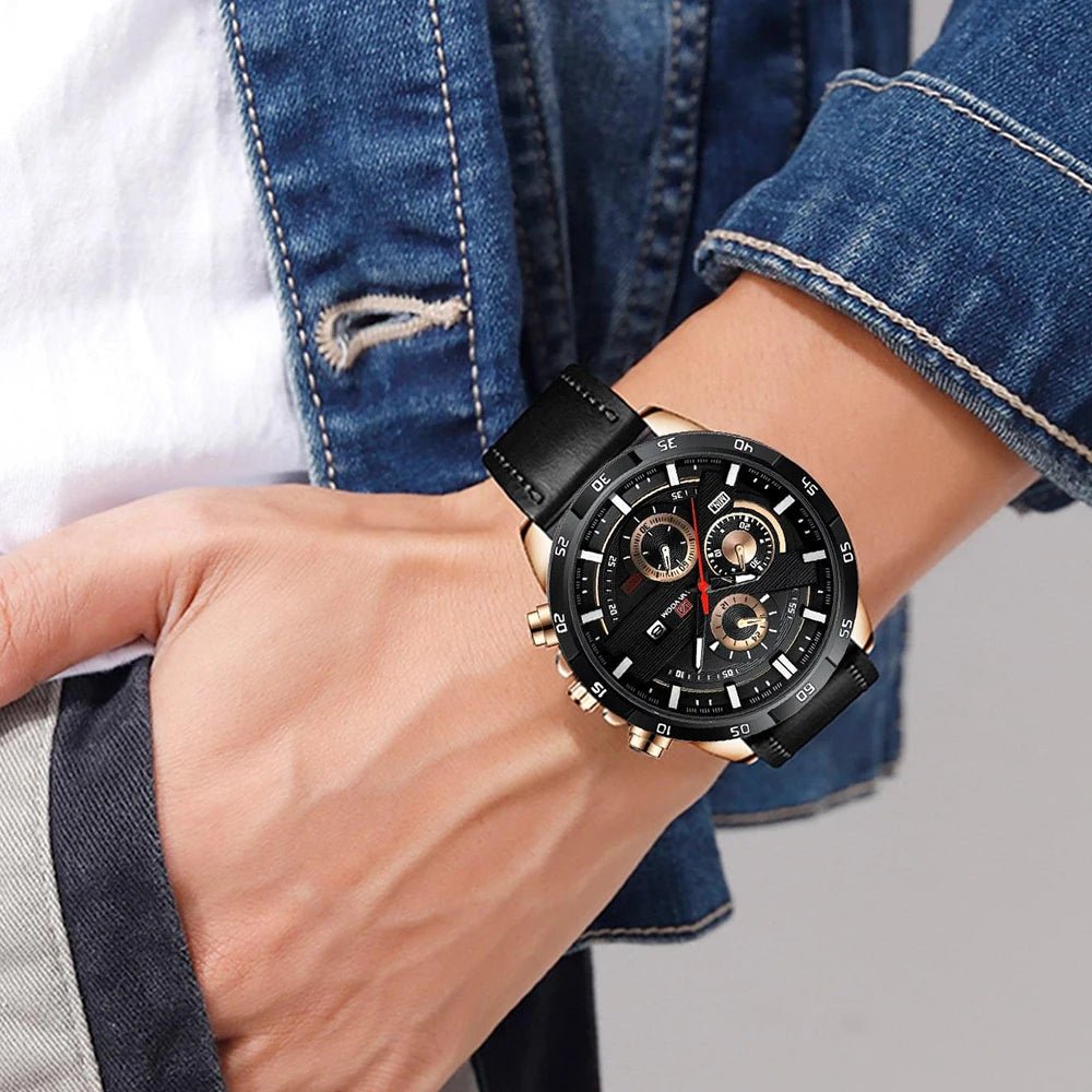 Man Sports Watches Fashion Racing Series 46mm Black Leather Clock Quartz Movement 3Bar Waterproof Wrist Watch for Men - Checkouts USA
