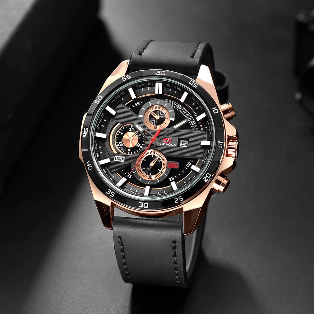 Man Sports Watches Fashion Racing Series 46mm Black Leather Clock Quartz Movement 3Bar Waterproof Wrist Watch for Men - Checkouts USA