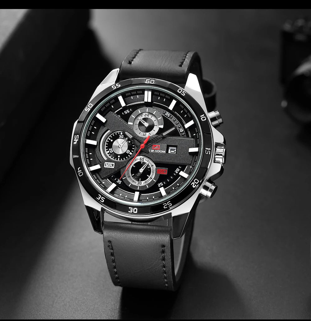 Man Sports Watches Fashion Racing Series 46mm Black Leather Clock Quartz Movement 3Bar Waterproof Wrist Watch for Men - Checkouts USA