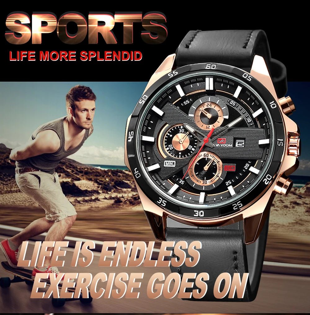 Man Sports Watches Fashion Racing Series 46mm Black Leather Clock Quartz Movement 3Bar Waterproof Wrist Watch for Men - Checkouts USA