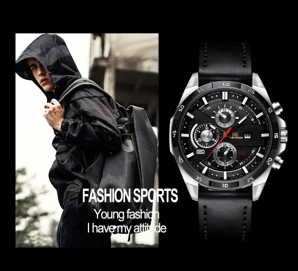 Man Sports Watches Fashion Racing Series 46mm Black Leather Clock Quartz Movement 3Bar Waterproof Wrist Watch for Men - Checkouts USA