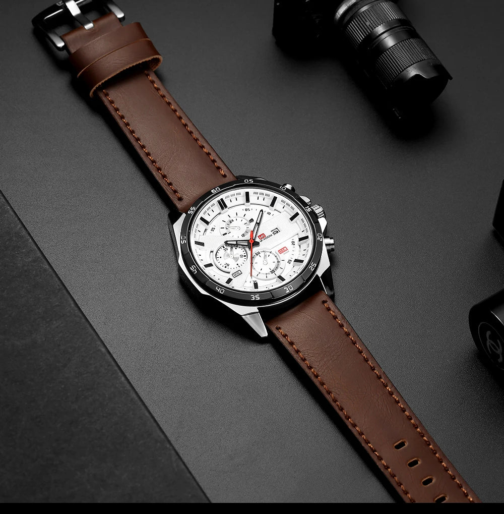 Man Sports Watches Fashion Racing Series 46mm Black Leather Clock Quartz Movement 3Bar Waterproof Wrist Watch for Men - Checkouts USA