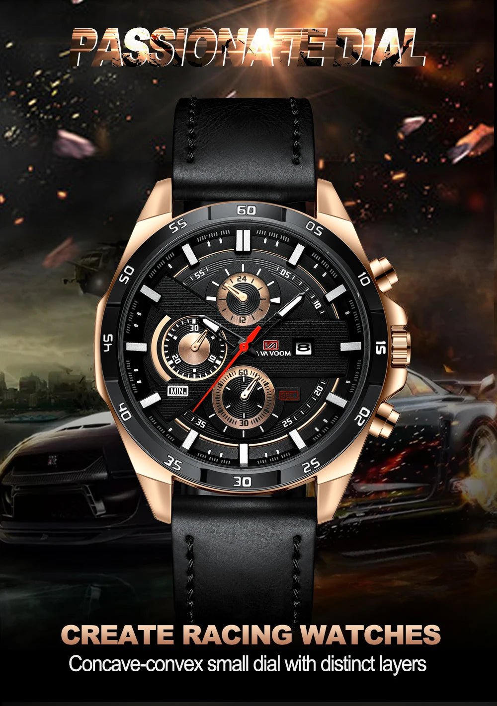 Man Sports Watches Fashion Racing Series 46mm Black Leather Clock Quartz Movement 3Bar Waterproof Wrist Watch for Men - Checkouts USA