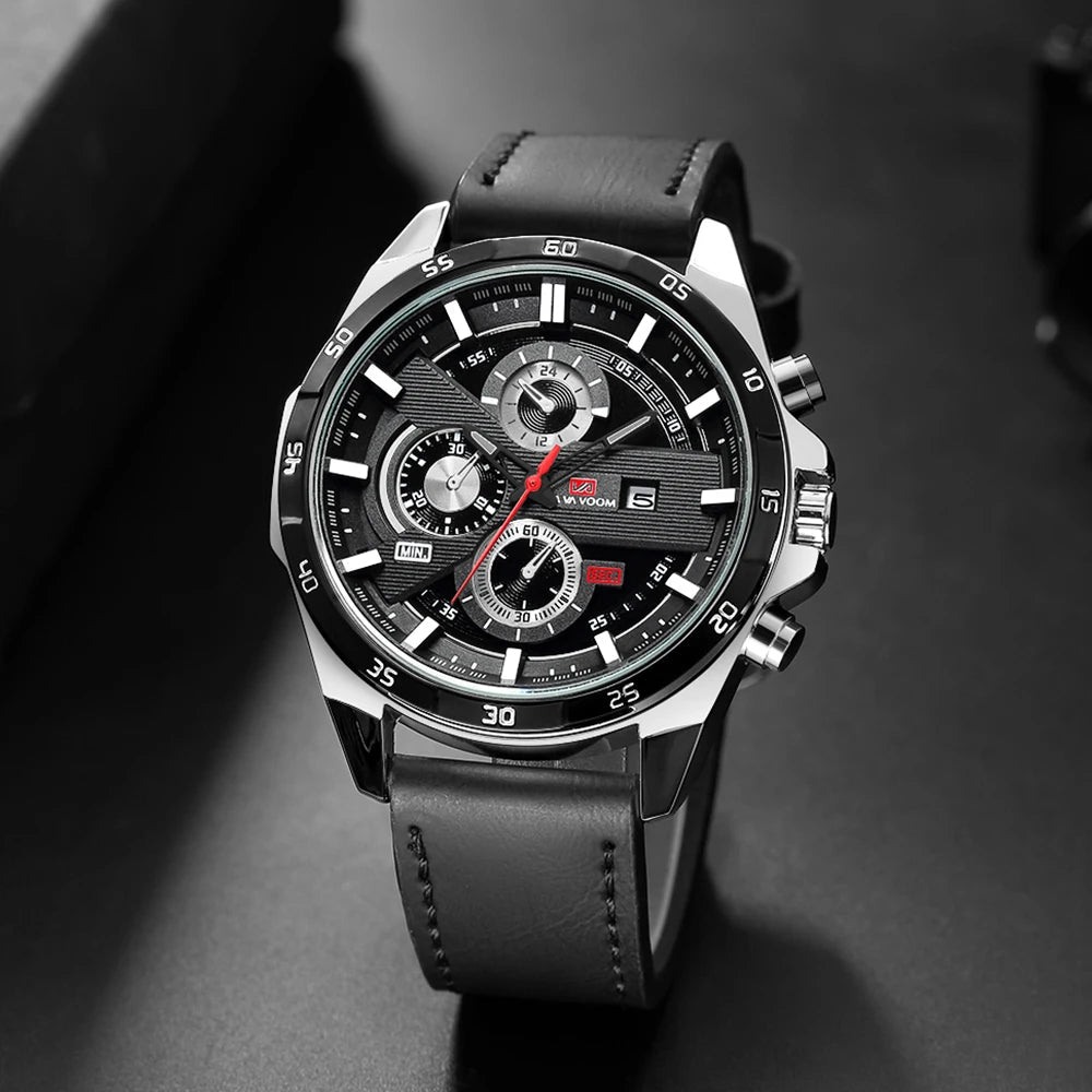 Man Sports Watches Fashion Racing Series 46mm Black Leather Clock Quartz Movement 3Bar Waterproof Wrist Watch for Men - Checkouts USA