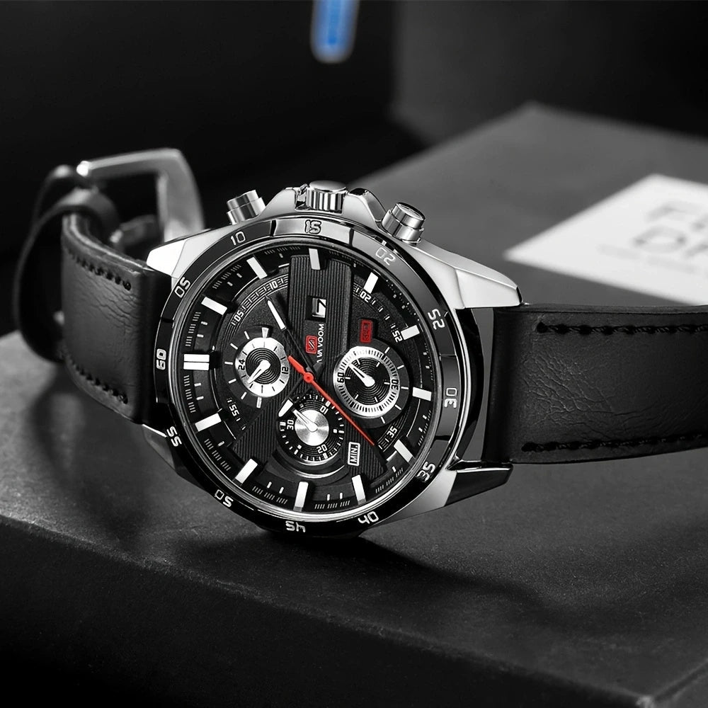 Man Sports Watches Fashion Racing Series 46mm Black Leather Clock Quartz Movement 3Bar Waterproof Wrist Watch for Men - Checkouts USA