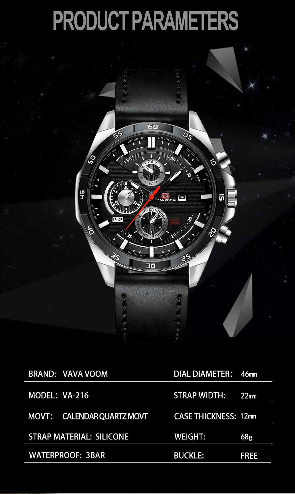 Man Sports Watches Fashion Racing Series 46mm Black Leather Clock Quartz Movement 3Bar Waterproof Wrist Watch for Men - Checkouts USA