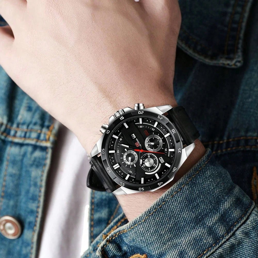Man Sports Watches Fashion Racing Series 46mm Black Leather Clock Quartz Movement 3Bar Waterproof Wrist Watch for Men - Checkouts USA