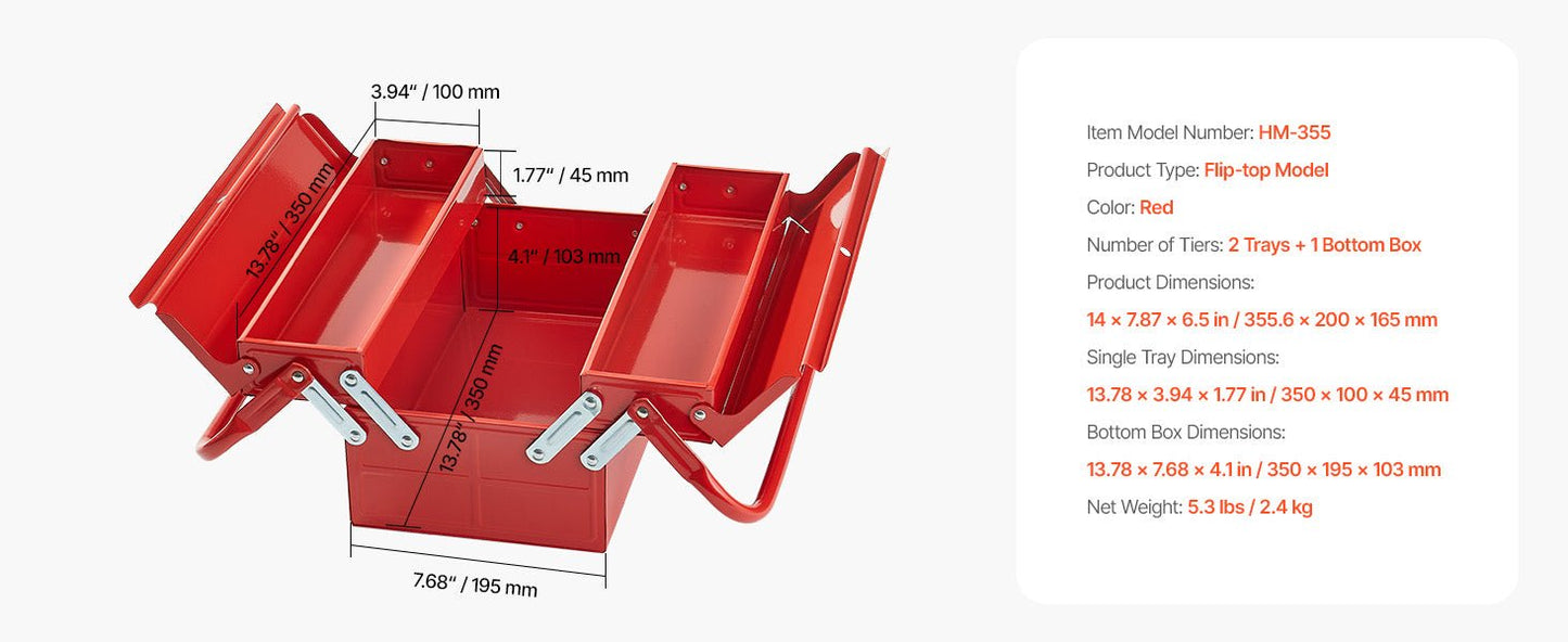 Metal Tool Box 2 - Tier 3 - Tray Portable Folding Tool Chest Organizer with Handle & Lock Toolbox for Factory Repair Shop - Checkouts USA