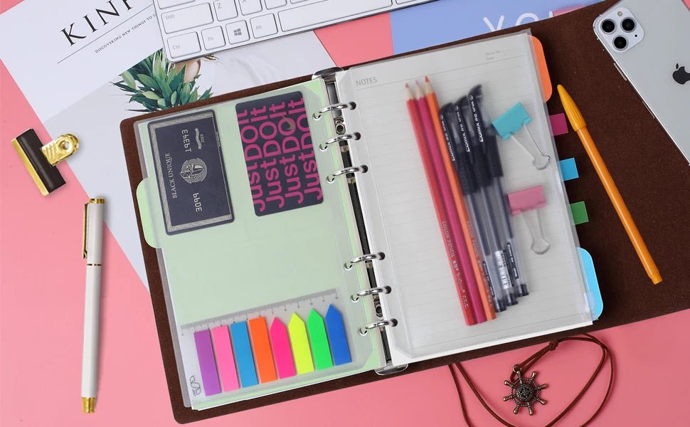 New Leather A5 Binder 6 Ring Binder Notebook - PU Leather Refillable Notebook with Binder Pockets, Dividers, Refill Paper - Checkouts USA