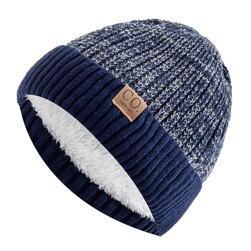 New Unisex Two - Tone Winter Hats Add Fur Lined Men And Women Fashion Warm Beanie Cap Casual Winter Knitted Hats - Checkouts UK