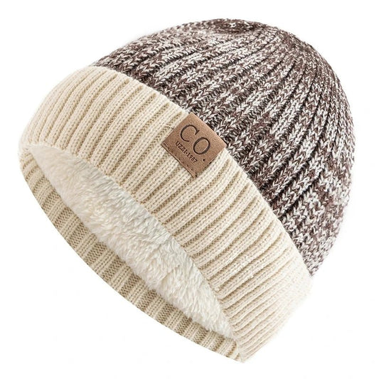 New Unisex Two - Tone Winter Hats Add Fur Lined Men And Women Fashion Warm Beanie Cap Casual Winter Knitted Hats - Checkouts UK