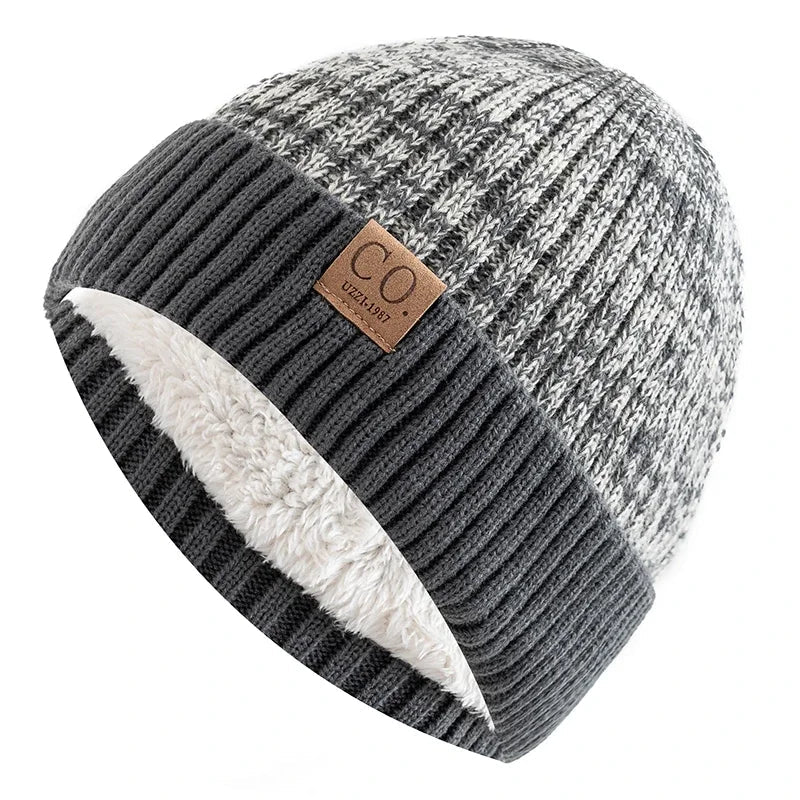 New Unisex Two - Tone Winter Hats Add Fur Lined Men And Women Fashion Warm Beanie Cap Casual Winter Knitted Hats - Checkouts UK