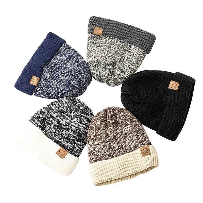 New Unisex Two - Tone Winter Hats Add Fur Lined Men And Women Fashion Warm Beanie Cap Casual Winter Knitted Hats - Checkouts UK