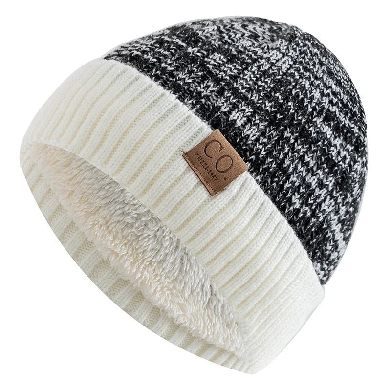 New Unisex Two - Tone Winter Hats Add Fur Lined Men And Women Fashion Warm Beanie Cap Casual Winter Knitted Hats - Checkouts UK