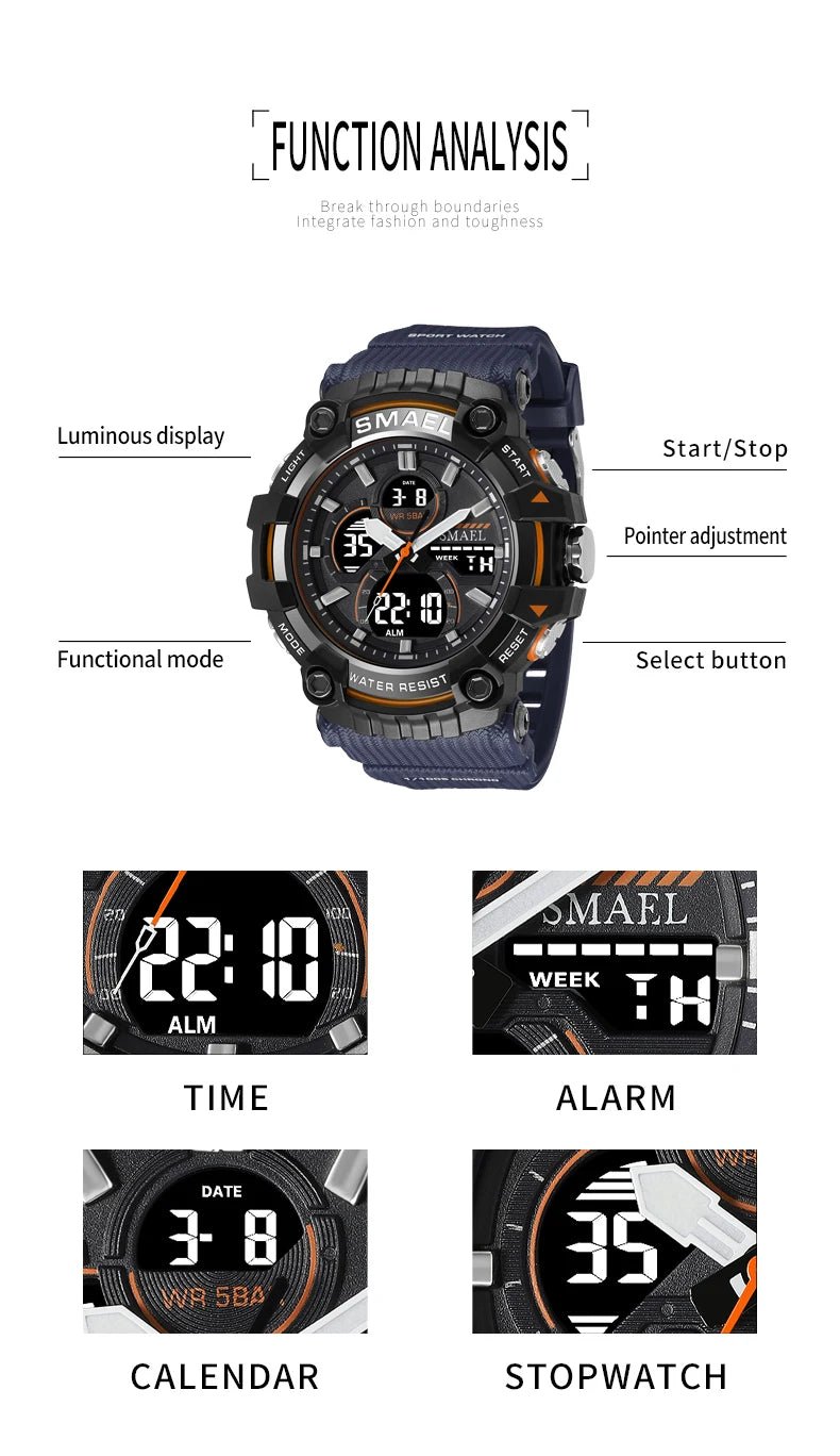 Quartz Sport Watch Clock AlarmDual Display LED Electronic 50M Waterproof 8079 Watches For Men - Checkouts USA