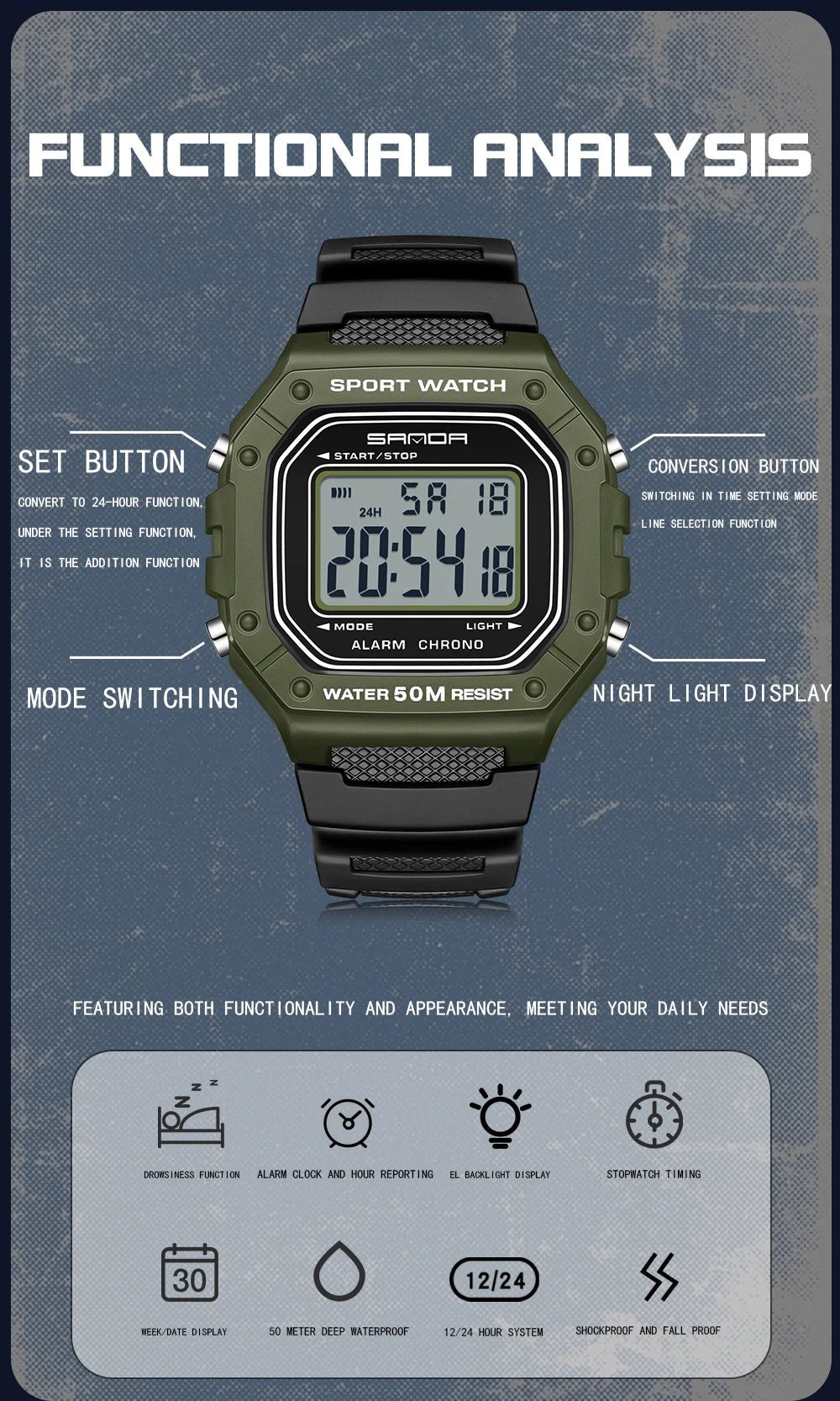 SANDA 2156 Fashion Mens Watch Military Water Resistant Sport Watches Army Big Dial Led Digital Wristwatches Stopwatches For Male - Checkouts USA