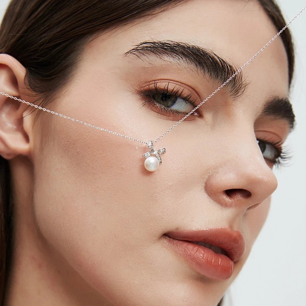 Seulement Natural Freshwater Non - Nucleated Pearl Necklace Female 925 Sterling Silver Bow Pendant Chain Sweet Jewelry Accessories - Checkouts USA