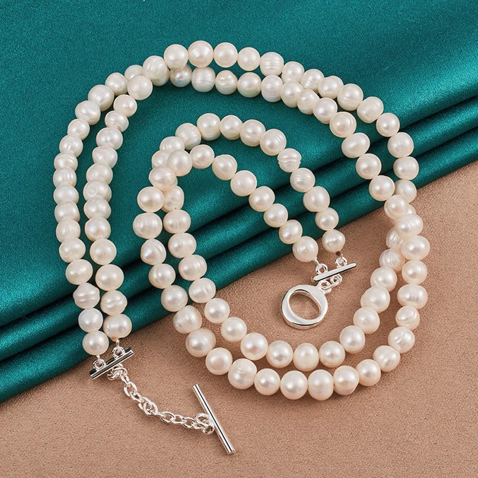 Sterling Silver Natural Freshwater Pearl Necklace For Women Wedding Party Fashion Charm Jewelry - Checkouts USA