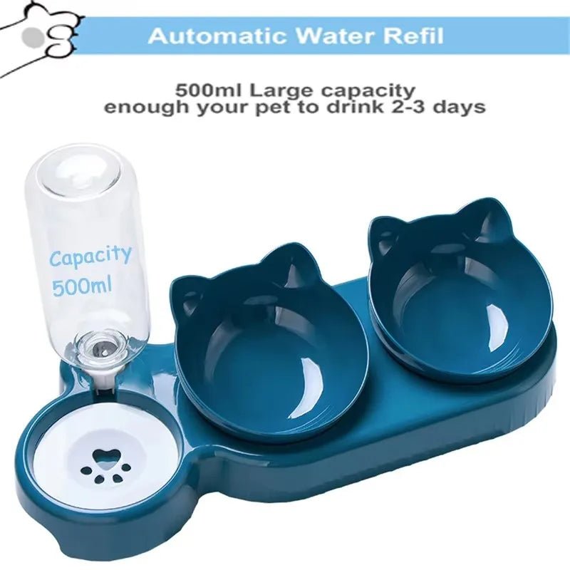 Triple Cat Bowls Pet Feeder, 2 - in - 1 Double Bowls with Automatic Drinking Bottle, Tilted and Rotatable Design for Cats and Dogs - Checkouts UK