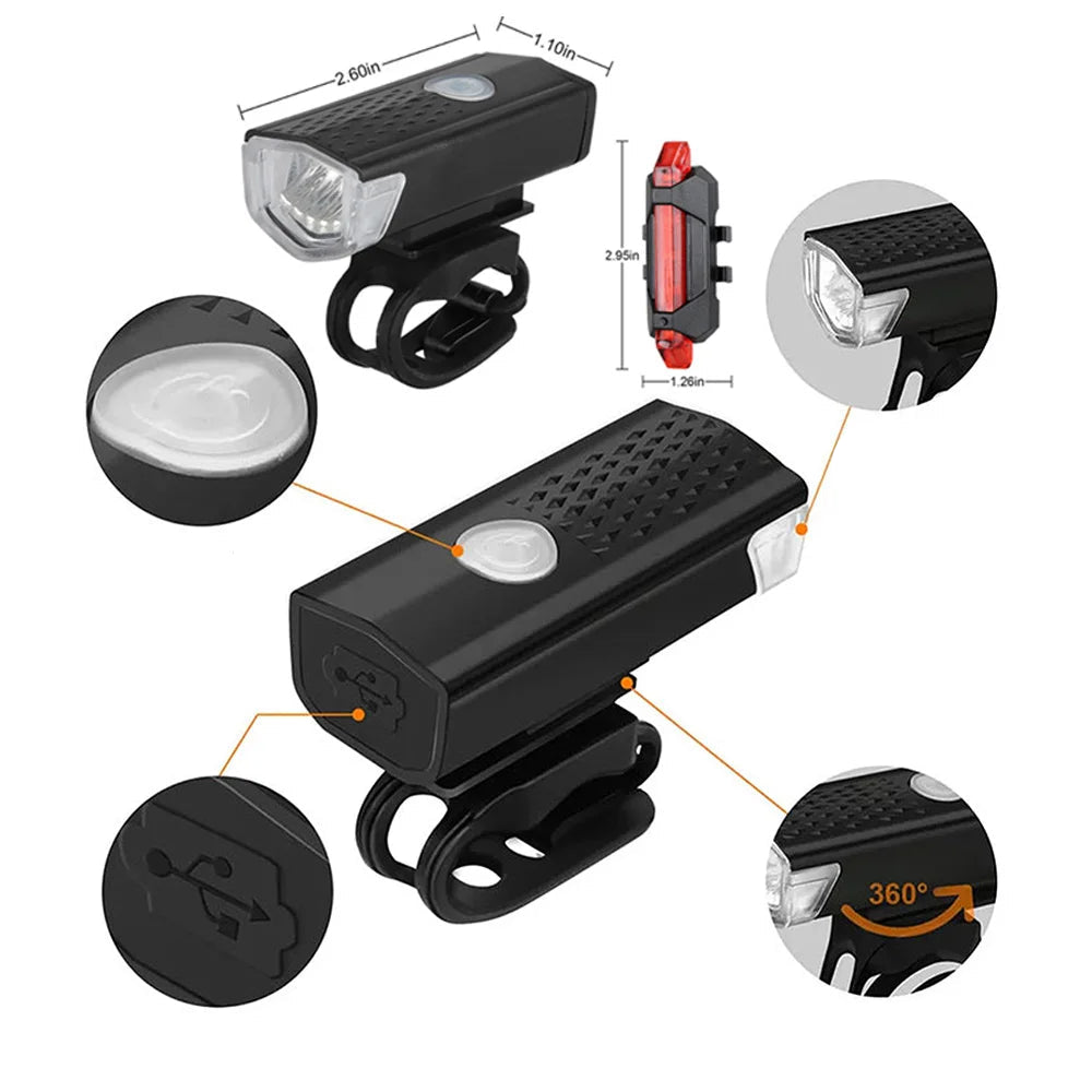 USB Rechargeable Bike Light Set Front Light with Taillight Easy to Install 3 Modes Bicycle Accessories for the Bicycle - Checkouts UK