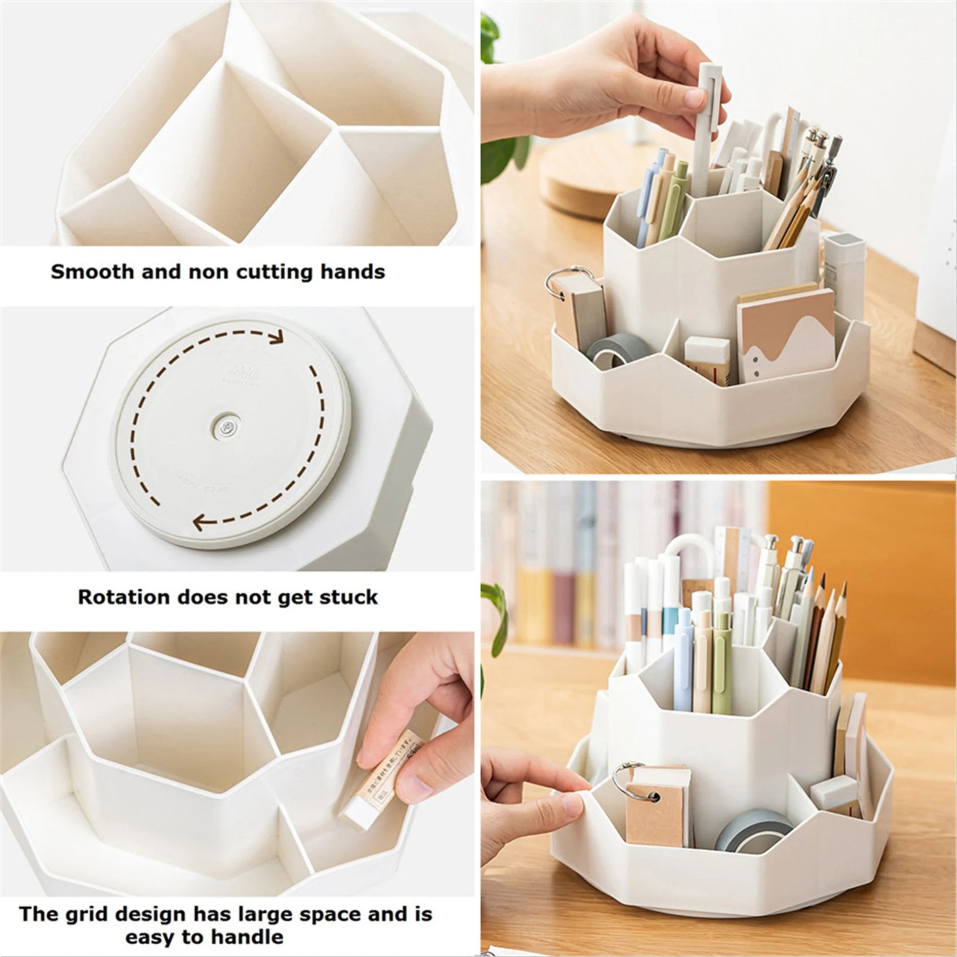 White/Pink Pen Stand 360°Rotatable Pen Holder Large Capacity Desk Pencil Storage Box 9 - Grid Stationery Organizer School Office - Checkouts USA