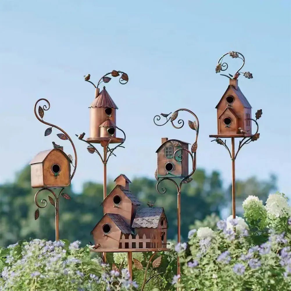 Wholesale Bulk Birdhouse Garden Stakes Outdoor Decor Metal Bird House Art Crafts Bird Feeders Miniatures for Outdoor Garden Decorations - Furbury