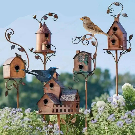 Wholesale Bulk Birdhouse Garden Stakes Outdoor Decor Metal Bird House Art Crafts Bird Feeders Miniatures for Outdoor Garden Decorations - Furbury