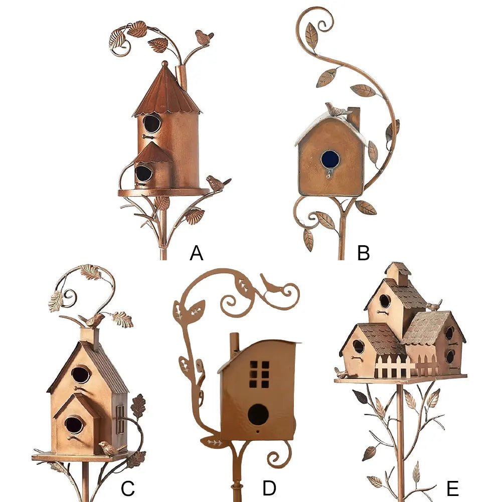 Wholesale Bulk Birdhouse Garden Stakes Outdoor Decor Metal Bird House Art Crafts Bird Feeders Miniatures for Outdoor Garden Decorations - Furbury