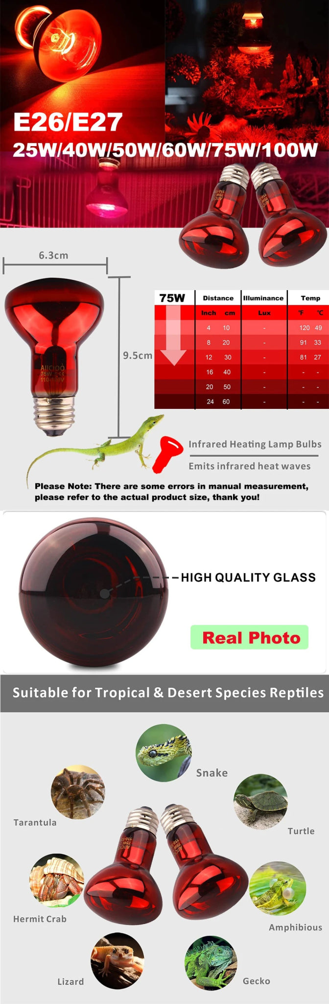 Wholesale Bulk E27 Reptile Heat Lamp 25 - 100W Amphibious Uva Red Heating Bulb Lizards Snakes Spiders Reptiles Breeding Tank Lighting Supplies - Furbury