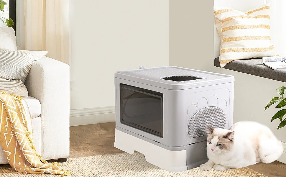 Wholesale Bulk Large Hooded Cat Litter Box Tray Drawer Type Pet Kitty Toilet Top Entry Anti - Splashing Enclosed Potty with Hair Grooming Scoop - Furbury