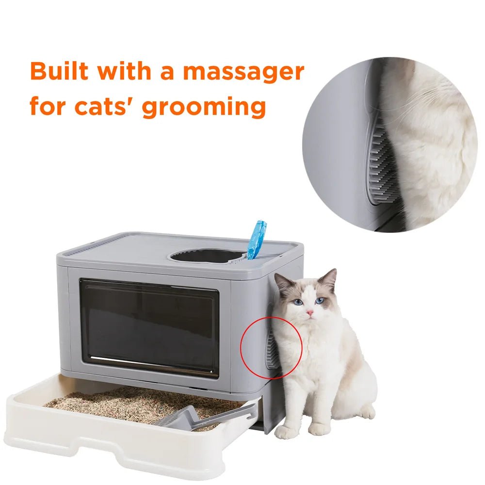 Wholesale Bulk Large Hooded Cat Litter Box Tray Drawer Type Pet Kitty Toilet Top Entry Anti - Splashing Enclosed Potty with Hair Grooming Scoop - Furbury