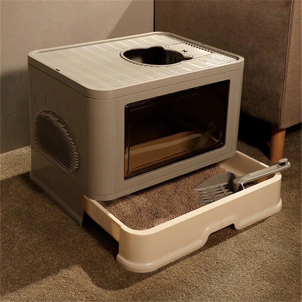 Wholesale Bulk Large Hooded Cat Litter Box Tray Drawer Type Pet Kitty Toilet Top Entry Anti - Splashing Enclosed Potty with Hair Grooming Scoop - Furbury