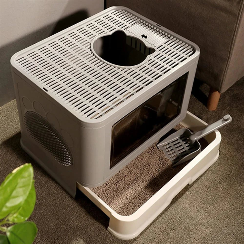 Wholesale Bulk Large Hooded Cat Litter Box Tray Drawer Type Pet Kitty Toilet Top Entry Anti - Splashing Enclosed Potty with Hair Grooming Scoop - Furbury