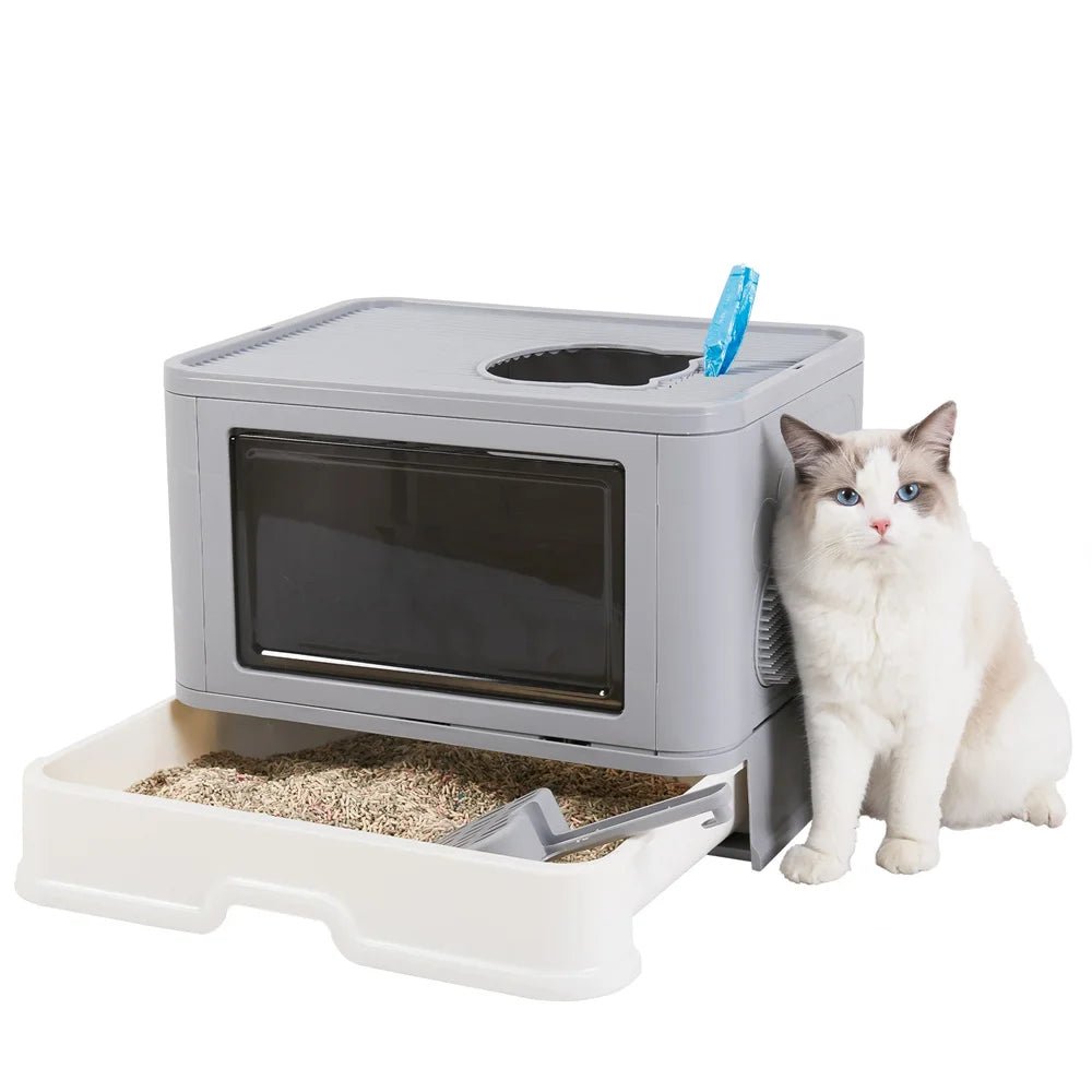 Wholesale Bulk Large Hooded Cat Litter Box Tray Drawer Type Pet Kitty Toilet Top Entry Anti - Splashing Enclosed Potty with Hair Grooming Scoop - Furbury