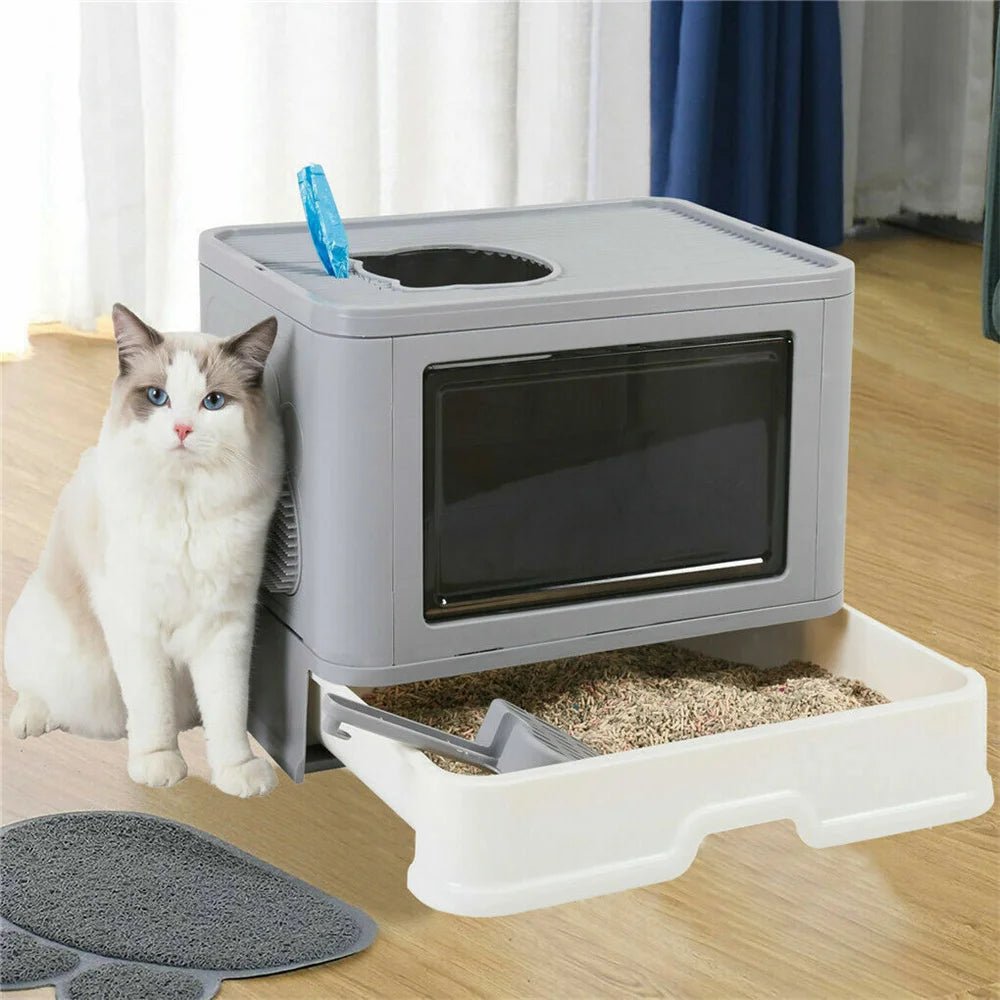 Wholesale Bulk Large Hooded Cat Litter Box Tray Drawer Type Pet Kitty Toilet Top Entry Anti - Splashing Enclosed Potty with Hair Grooming Scoop - Furbury
