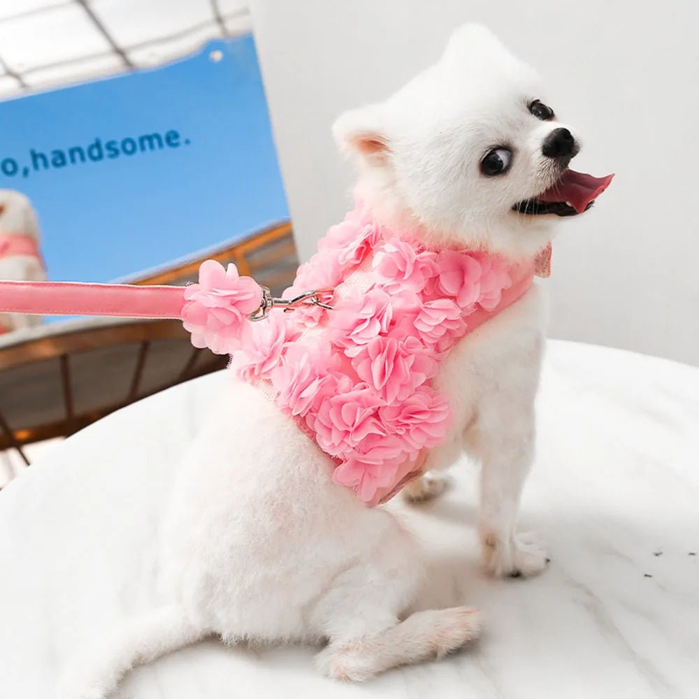 Wholesale Bulk Luxury Flower Girl Dogs Harness and Leash Set No Pull Soft Adjustable Breathable Mesh Cute Floral Puppy Pet Safety Vest Harness - Furbury