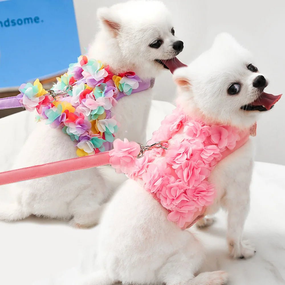 Wholesale Bulk Luxury Flower Girl Dogs Harness and Leash Set No Pull Soft Adjustable Breathable Mesh Cute Floral Puppy Pet Safety Vest Harness - Furbury