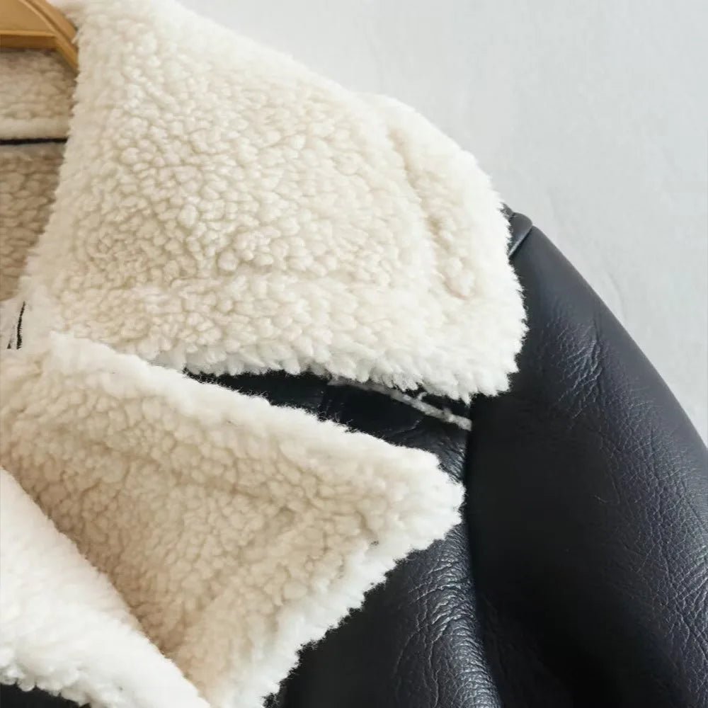 Winter Women Jacket Coats Faux Shearling Sheepskin Coat Retro Motorcycle Jacket Woman Jackets Outerwear Tops - Checkouts UK