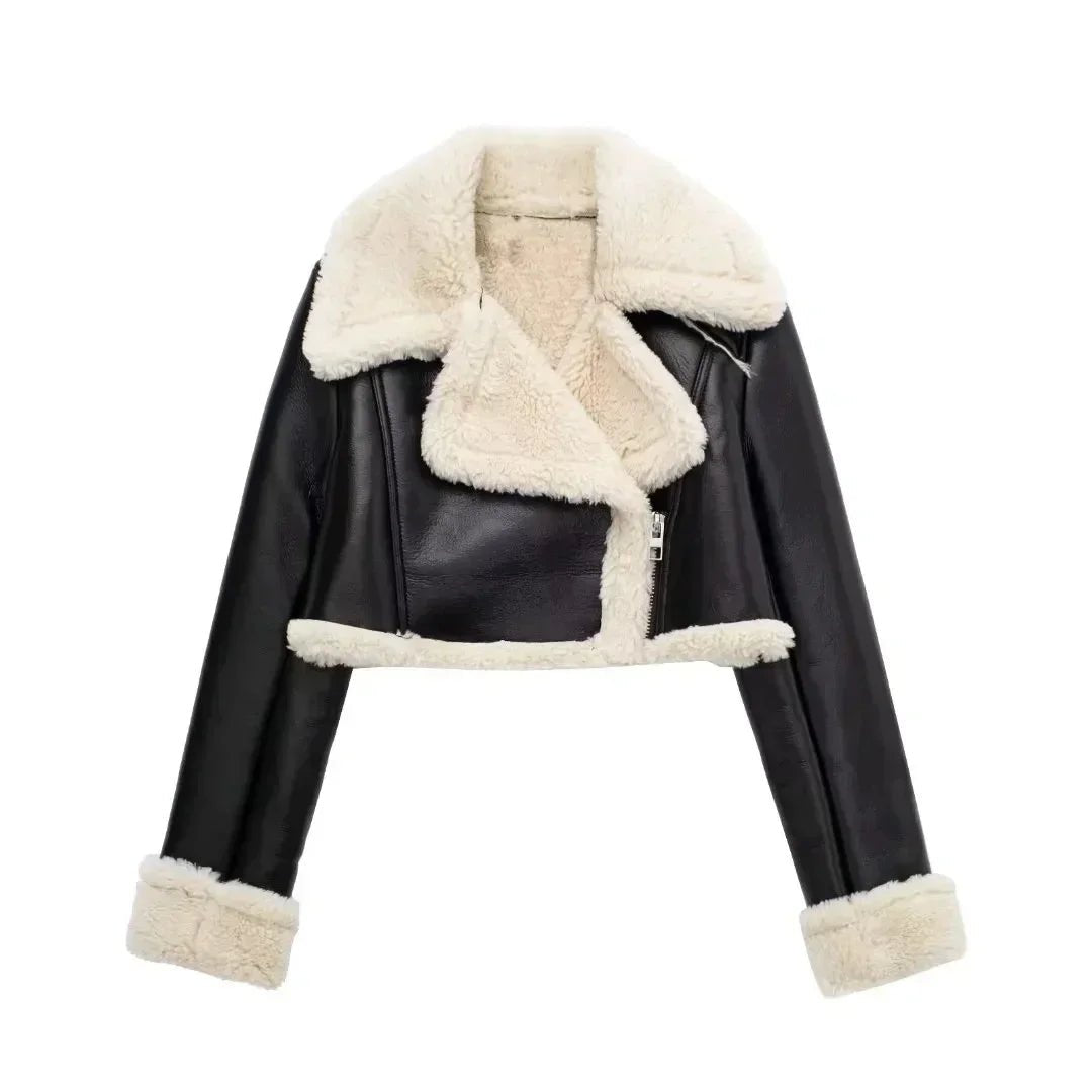 Winter Women Jacket Coats Faux Shearling Sheepskin Coat Retro Motorcycle Jacket Woman Jackets Outerwear Tops - Checkouts UK