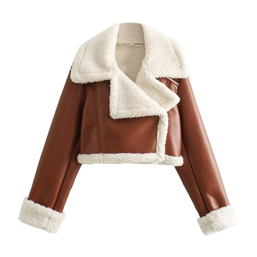 Winter Women Jacket Coats Faux Shearling Sheepskin Coat Retro Motorcycle Jacket Woman Jackets Outerwear Tops - Checkouts UK
