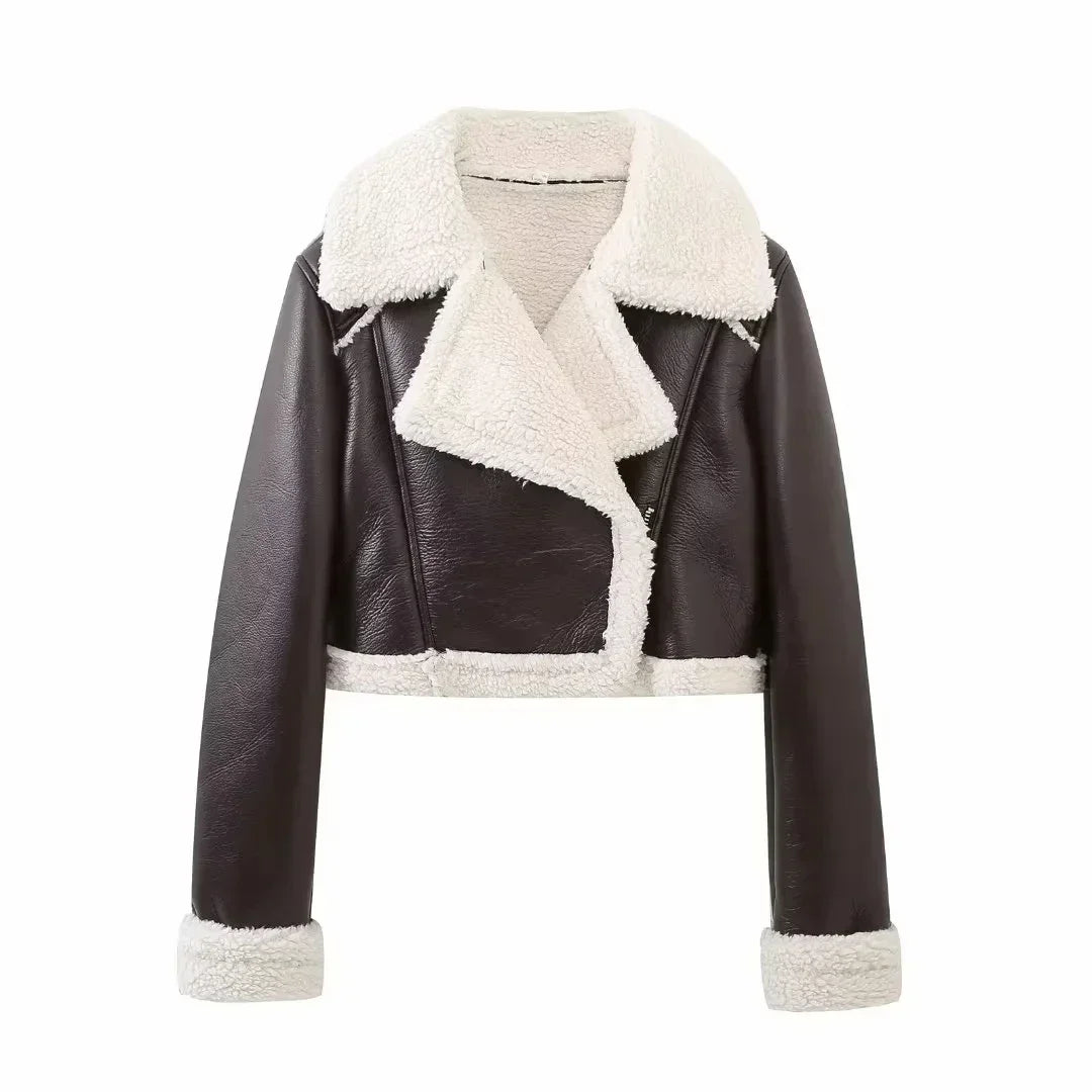 Winter Women Jacket Coats Faux Shearling Sheepskin Coat Retro Motorcycle Jacket Woman Jackets Outerwear Tops - Checkouts UK