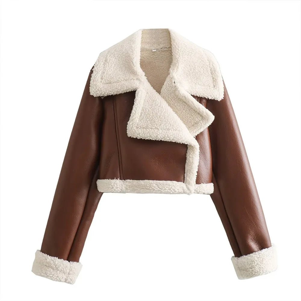 Winter Women Jacket Coats Faux Shearling Sheepskin Coat Retro Motorcycle Jacket Woman Jackets Outerwear Tops - Checkouts UK